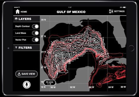 interface for visualizing tides. text and tides white reversed out from black. red patterns indicated