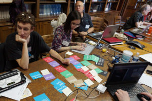 Young adults with visual impairments participating in Card Sorting. Sorting colorful cards to organize the possible navigational structure of an interface