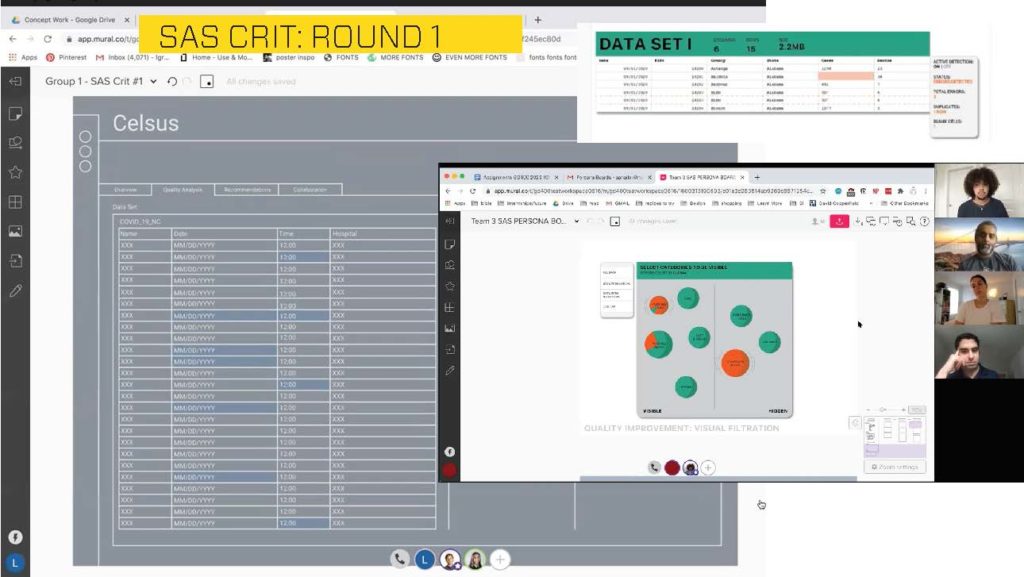 SAS Critique round 1: zoom screen with faces and early interface designs