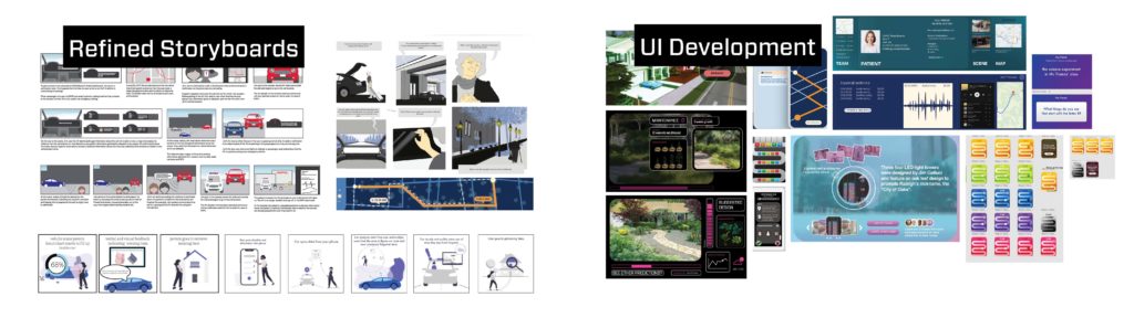 Images of digitally produced storyboards of user experience with AV. Images of digitally produced UI designs during early stages of the project.