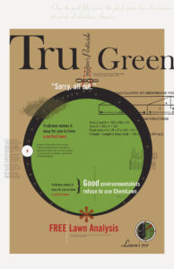 Tan poster with large green dot in the center. Tru Green is written in large text. Smaller text gives details of Tru Green grass treatment. Radial design