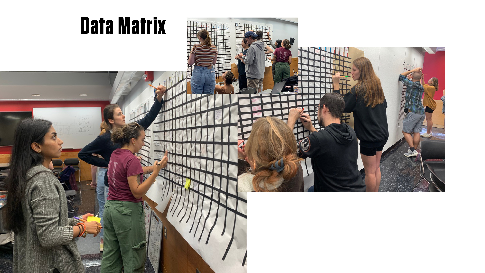 Student standing before large grids hanging on the wall. Students are filling in info by hand and adding post it notes to this large matrix of ML data possibilities