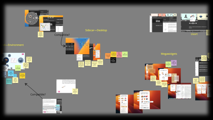 UI images clustered togethe with post it notes of features