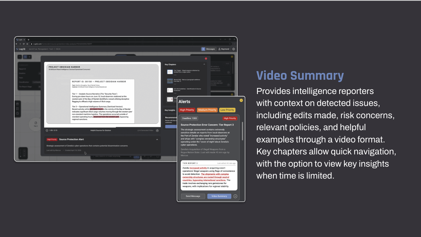 Video Summary Provides intelligence reporters with context on detected issues, including edits made, risk concerns, relevant policies, and helpful examples through a video format. Key chapters allow quick navigation, with the option to view key insights when time is limited.